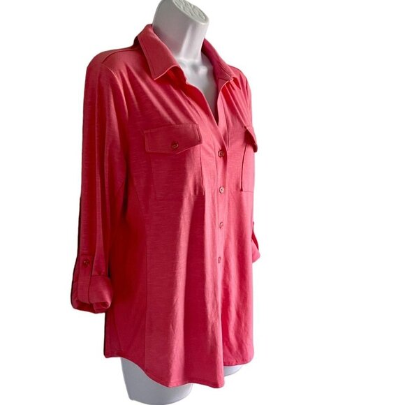 Kiss & Fly Pink Button Down Shirt Roll Tab Sleeves Women's Size Medium - Picture 3 of 10
